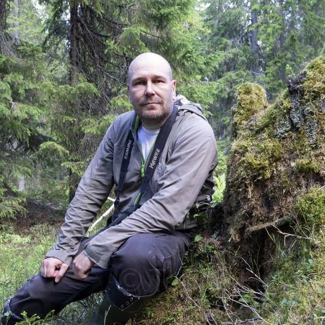 Teppo Helo sitting by a stump