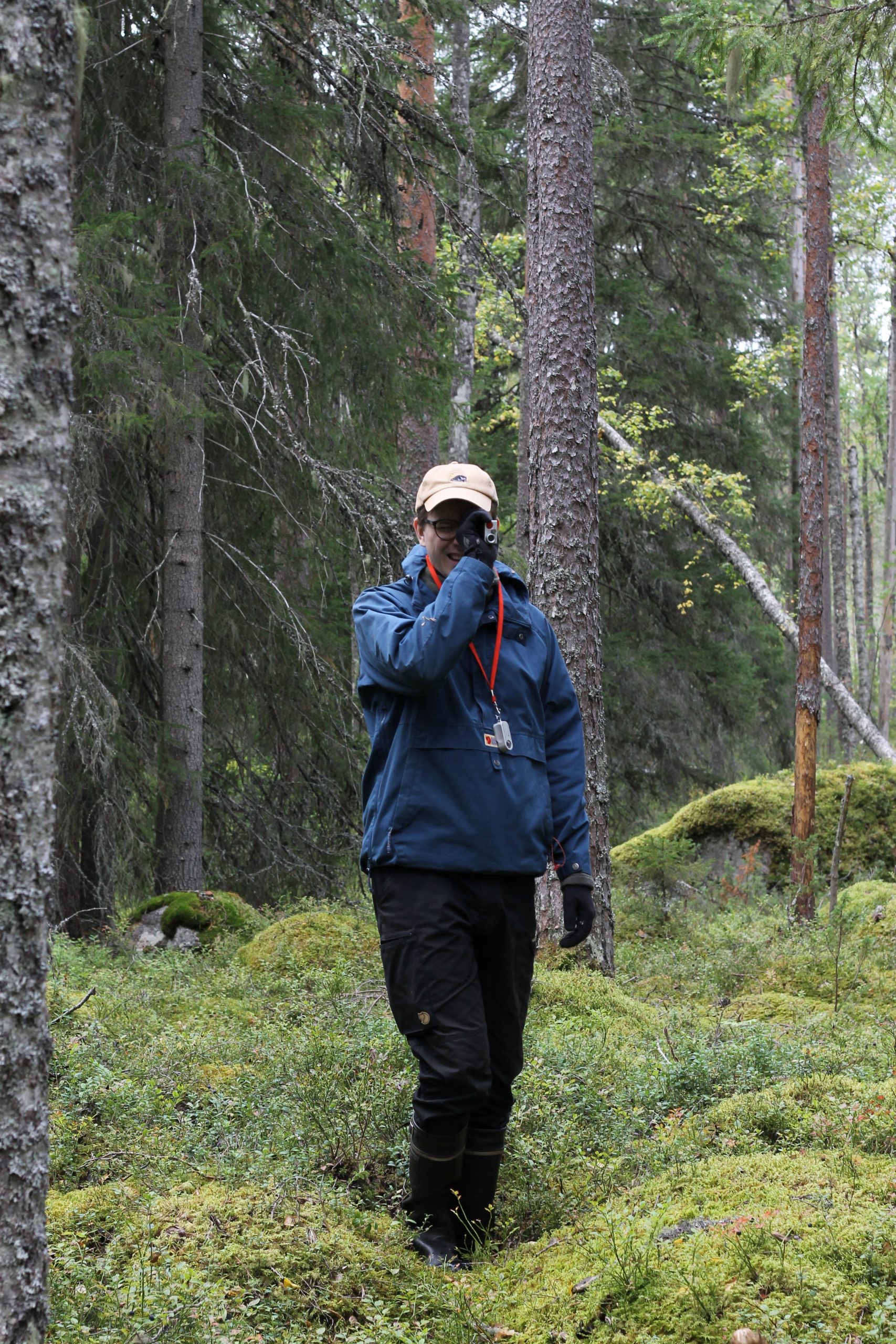 Aleksi Nirhamo measuring the height of a pine