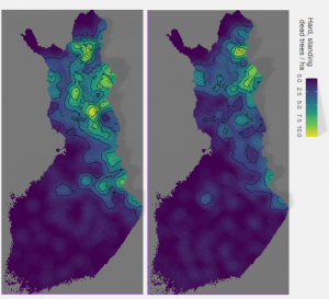 Maps showing the change in hard standing dead trees between two NFIs.